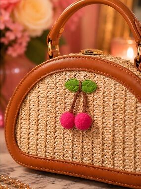 Straw Cherry Accent Top-Handle Bag in Brown and Red